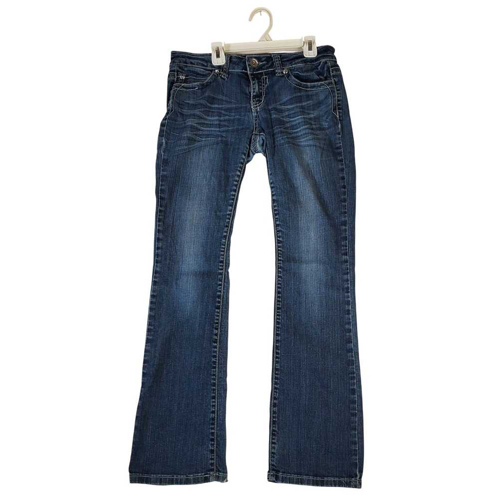 Miss Chic Womens Bootcut Jeans Size 5 Dark Wash Rhinestone Cross Back Pocket Y2K